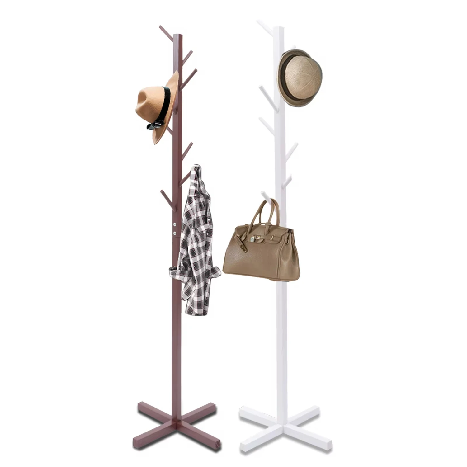 Wooden Coat Rack W/ 8  Clothes Stand Freestanding Clothes Hanger Hat Coat Hanging Rack  Bedroom Office Hallway Entryway