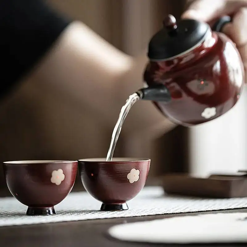 الوردي الزعرور الأحمر رسمت باليد زهرة صغيرة نصف القمر كوب السيراميك الكونغ فو فنجان شاي تذوق كوب كوب عطر كوب صغير واحد