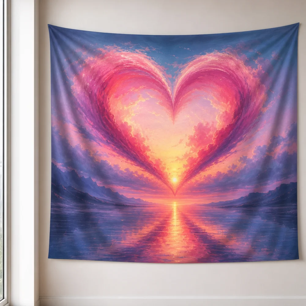 Pink purple heart-shaped cloud sea lake print tapestry 150X100CM suitable for bedroom girl atmosphere wall background fabric