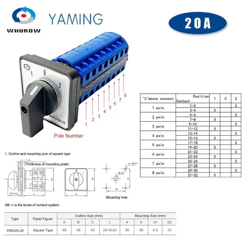 Chave Seletora Rotativa de Comutação de Cames Série YMW26 LW26-20 com Contato de Prata, 1-8 Polos, 20A 660V, para Controle de Energia LW28-20