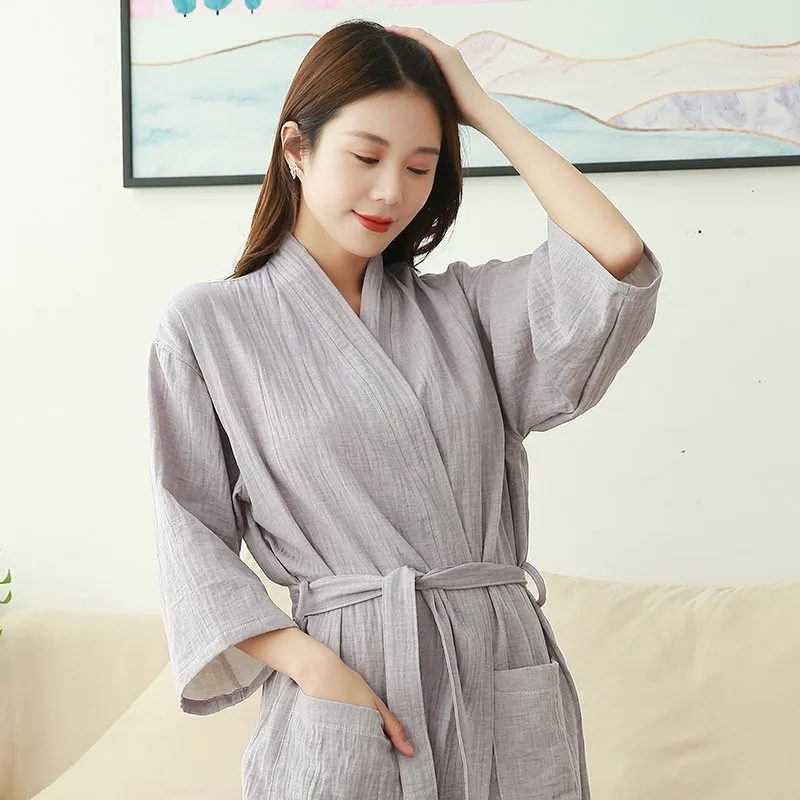 Female Kimono Bathrobe Sleepwear Solid Sauna Costume Women Sweatshirt Robe 100% Cotton 2 Layer Gauze Quick-drying Hotel Spa Robe