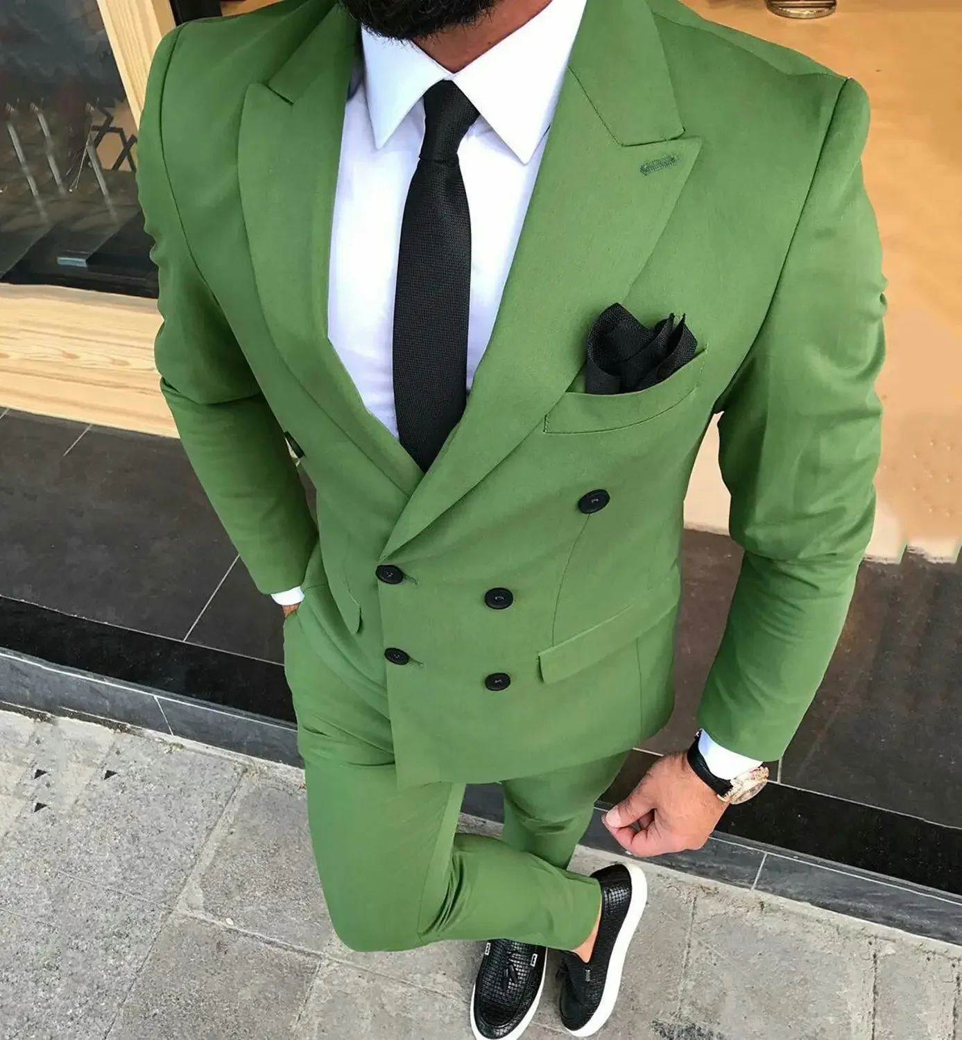 Men Suits Double Breasted Olive Green Wedding Groom Tuxedo For Men Suit Prom Best Man Wear Blazer 2 Piece (Blazer+Pants)