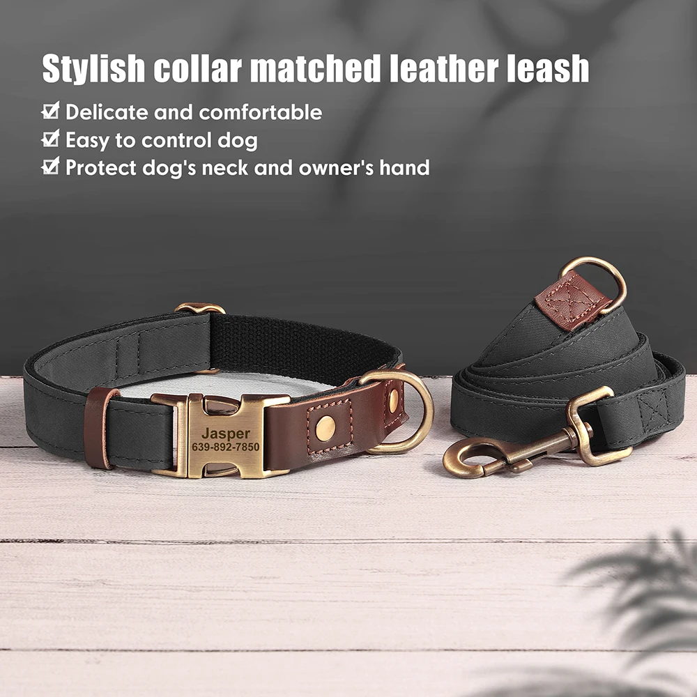 Personalisiertes Hundehalsband mit Leine aus PU-Leder, inklusive Laufleine, kostenlose individuelle Haustier-ID-Halskette für kleine und große Hunde, Mops – Detail 17