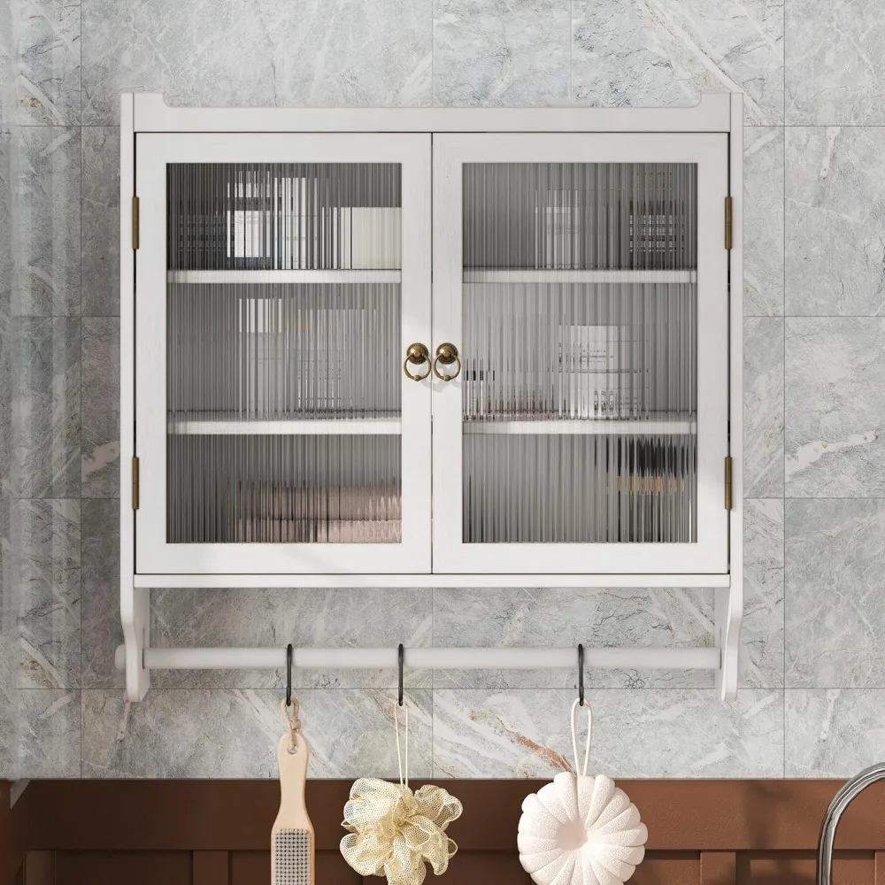 

Vintage Wood Wall Cabinet with Glass Doors 3-Tier Wall Mounted Storage Cabinet with Towel Rack Retro Medicine Cabinet for Kitche