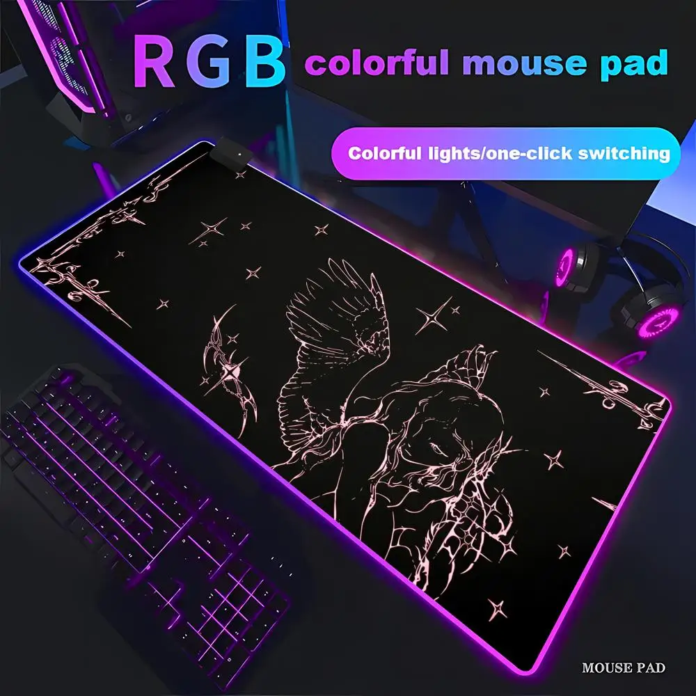 

Коврик для мыши HYBXAXC с иллюстрацией плачущего ангела, готический стиль, RGB-подсветка, игровой коврик для мыши HD, большой, с LED-подсветкой, XXL, для ПК, нескользящий