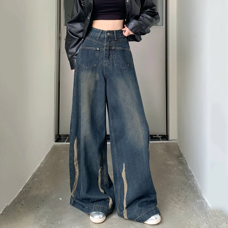 Rimocy Vintage Blue Wide Leg Jeans Women Oversized High Street Baggy Denim Trousers Woman Grunge Y2K Hip Hop High Waist Pants