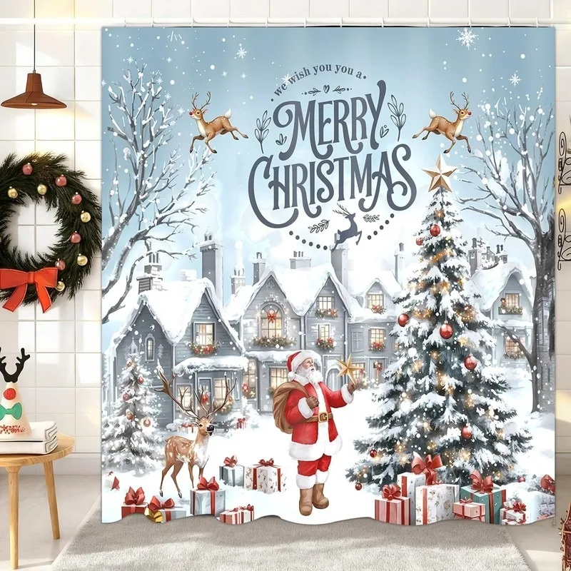 Winter Snow House Santa Claus Reindeer Christmas Tree Bathroom Shower Curtain No Drilling with 12 Hooks Holiday