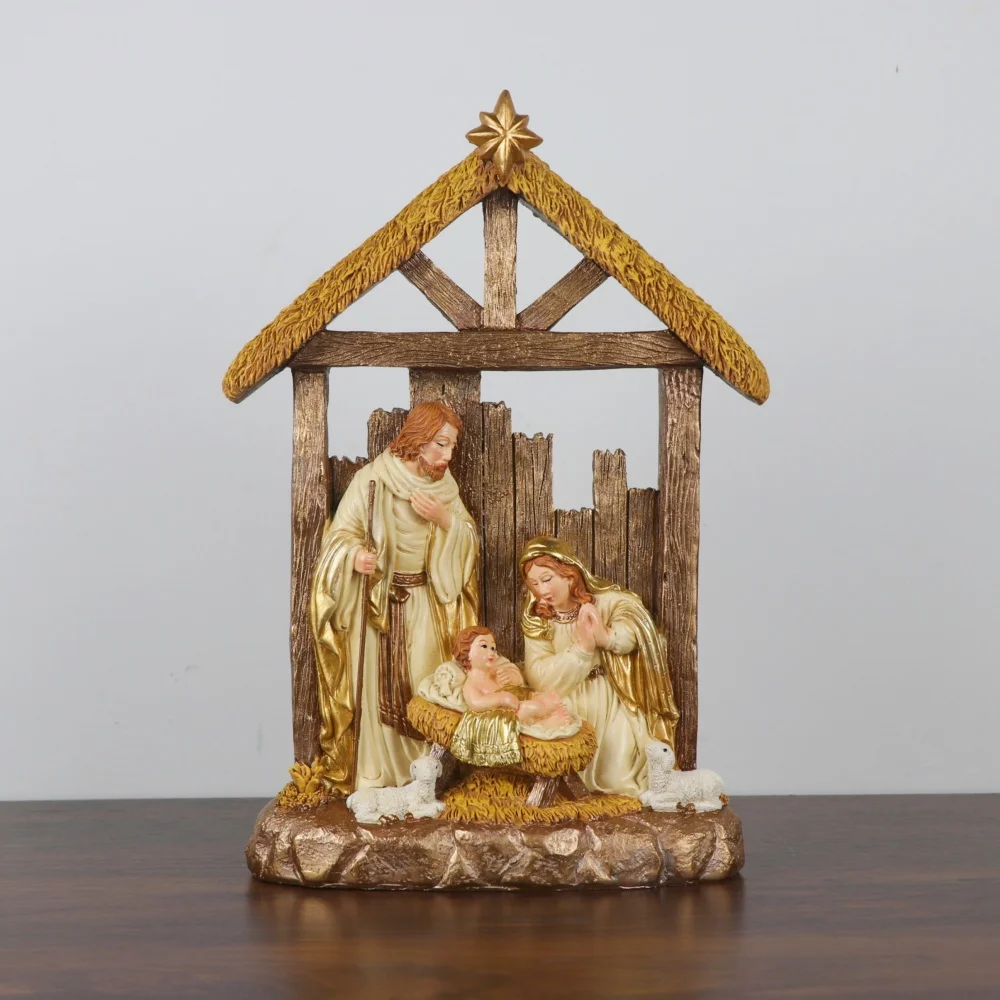 Nativity Scene Resin Statue Bethlehem Village House Holy Catholic Family Figurine Christmas Crib Decoration Desktop Ornament