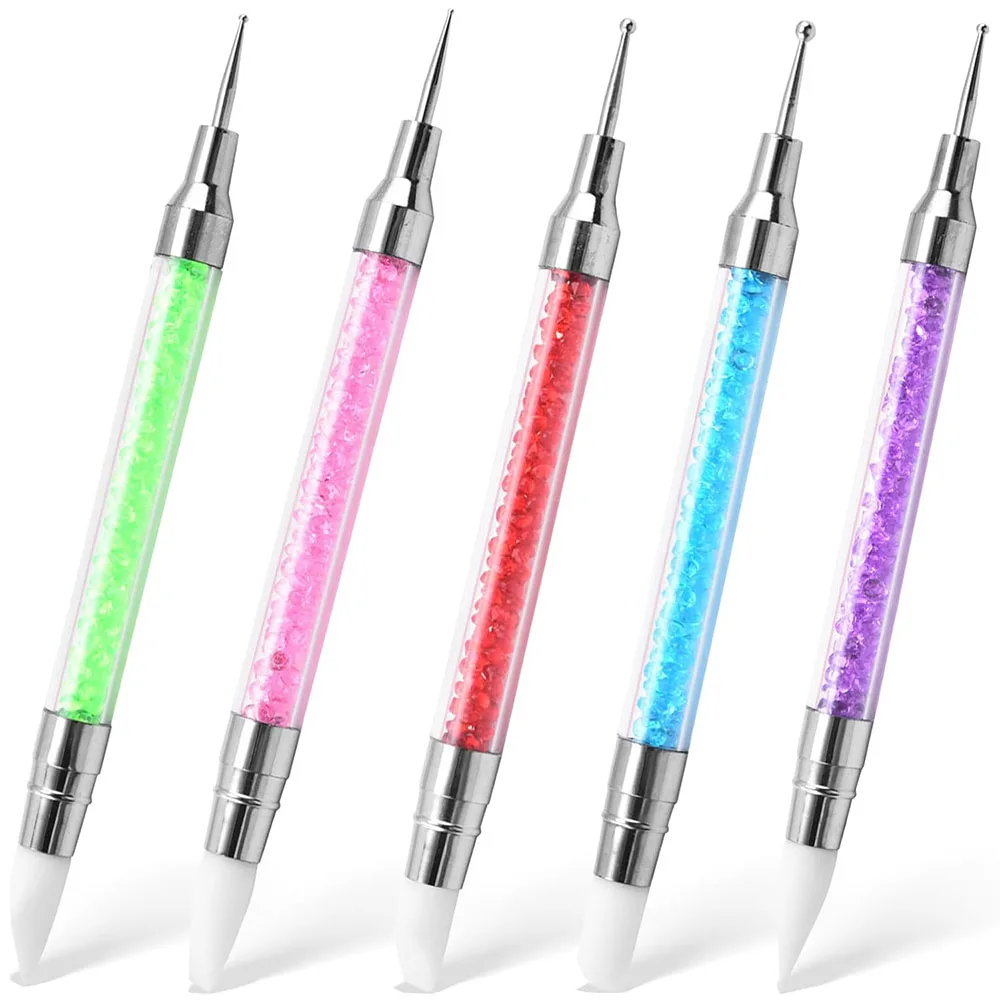 5종 세트 양면 네일 아트 펜 멀티 플라워 만들기 실리콘 브러쉬 아크릴 라인스톤 핸들 조형 도트 페인팅