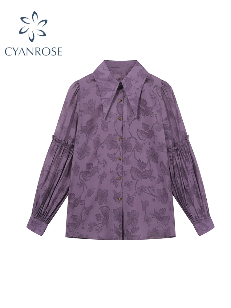 Women\'s Purple Shirts Blouses Aesthetic Y2k Vintage Harajuku Elegant Flower Print Long Sleeve Shirt 2000s Fashion Clothes 2024