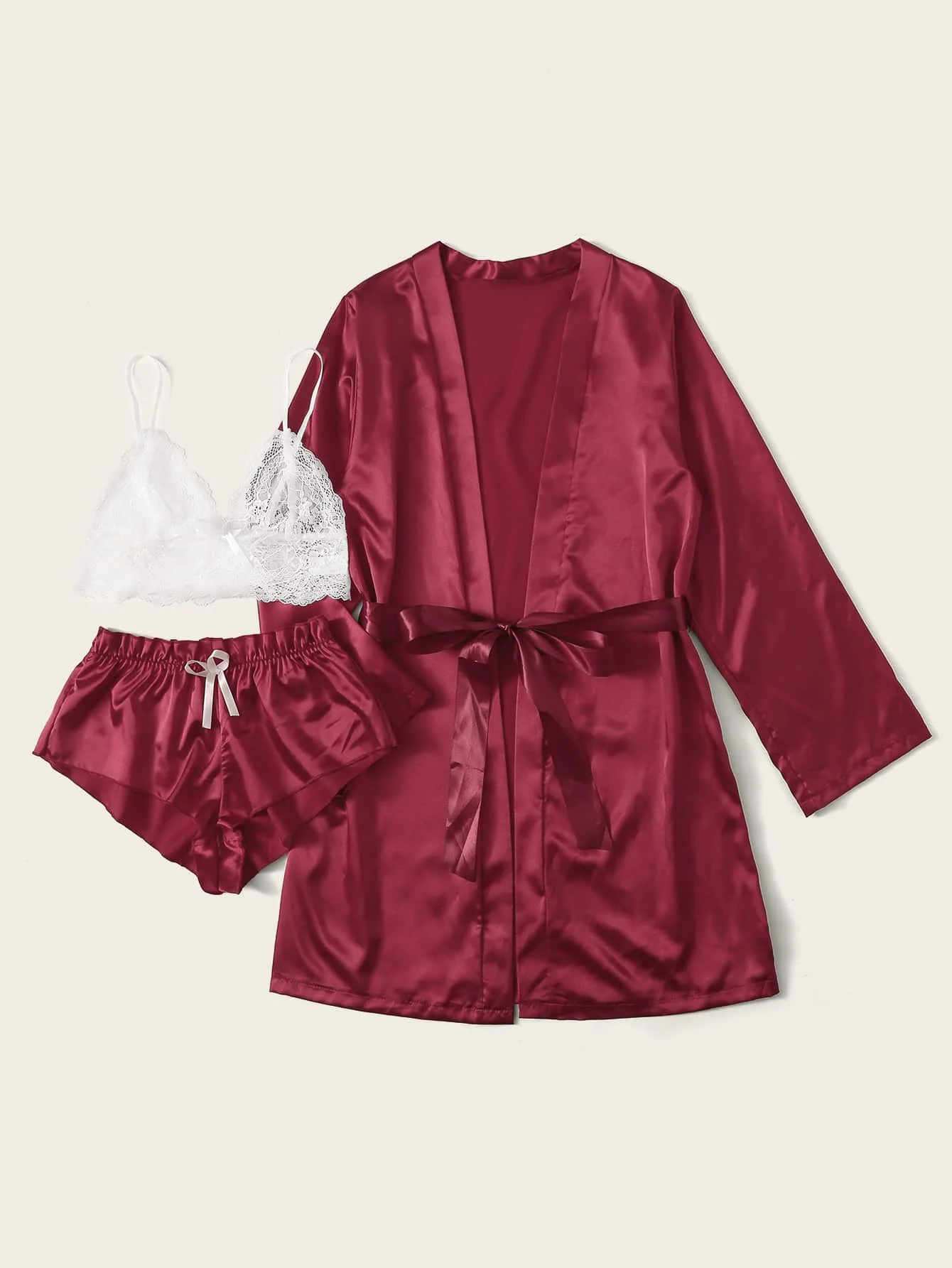 

Satin Robe Set for Women, 3 Piece Lace Bralette and Shorts Sleepwear for Bridal Date Night Elegant Lounge