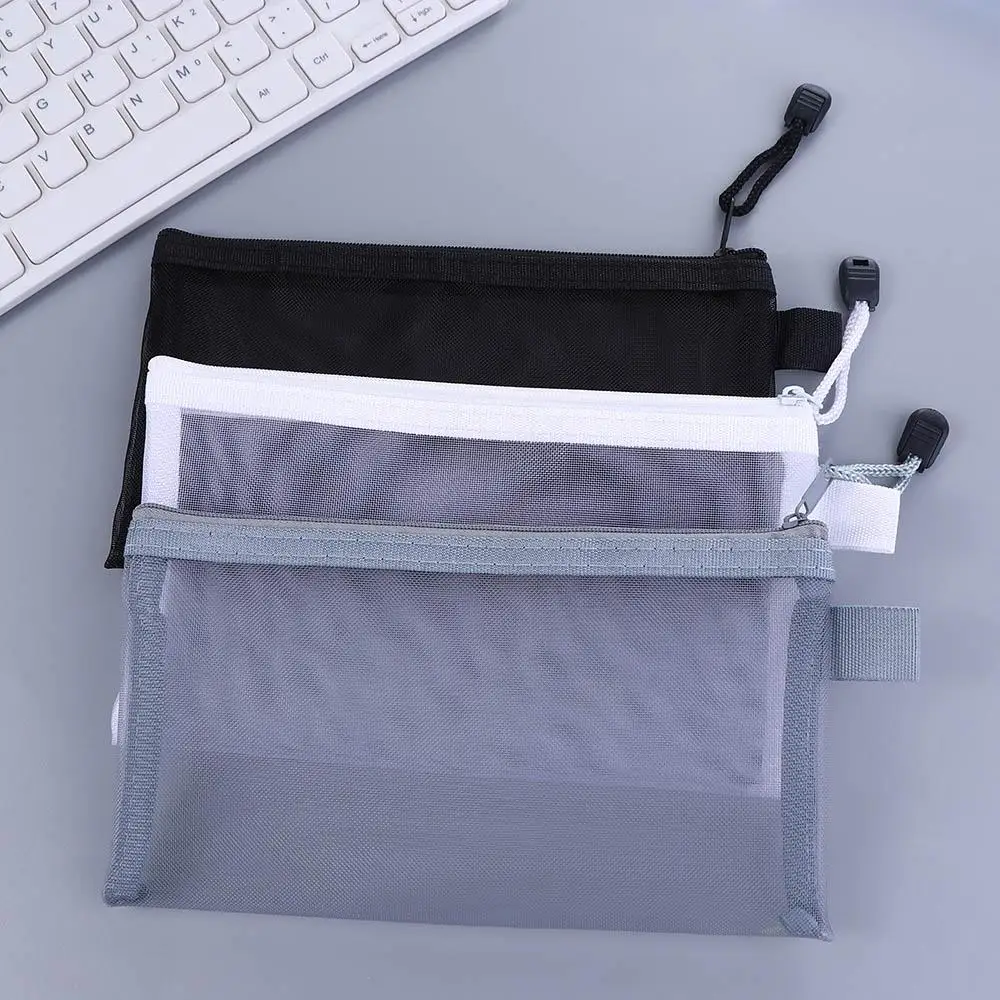 Estojo de lápis colorido Sacos de armazenamento transparentes Porta-moedas Pastas de arquivo Mesh Zipper Case, Saco de documento Zipper Pouch