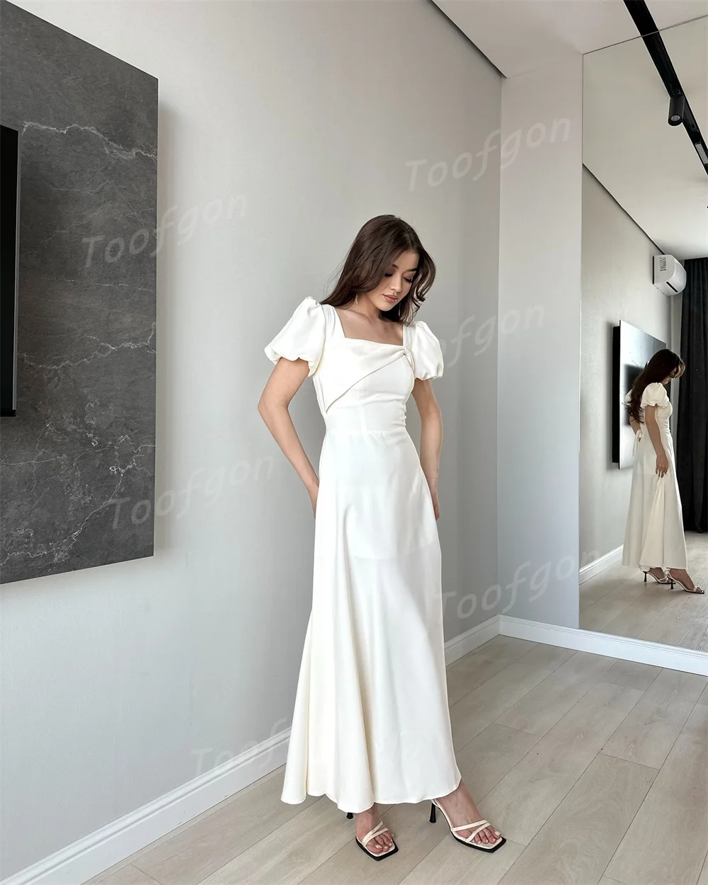 Toofgon Elegant Square Neck Long Evening Dresses Customized Short Puff Sleeve A Line Prom Gown Special Occasion Party Dress