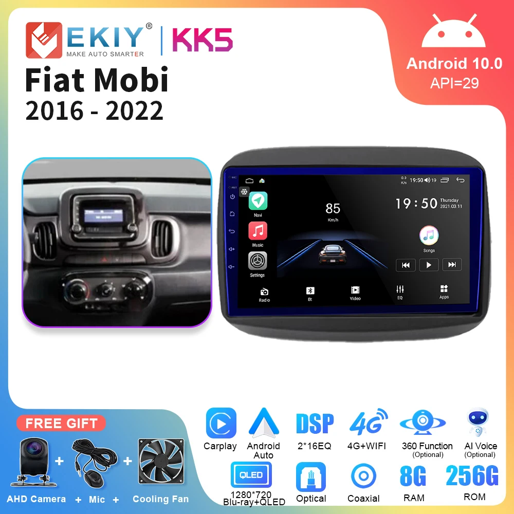 

EKIY KK5 CarPlay Android 10 Car Radio For Fiat Mobi 2016-2022 Multimedia Video Player GPS Navigation DSP QLED Screen 4G WIFI Net