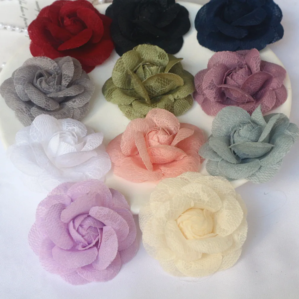 5PCS 5,5 CM Handgemachte Spitze Stoff Kamelie Rose Blume Kopfbedeckung Hut Kleid Kleidung Dekoration Haar Zubehör Brosche DIY material – Detail 6