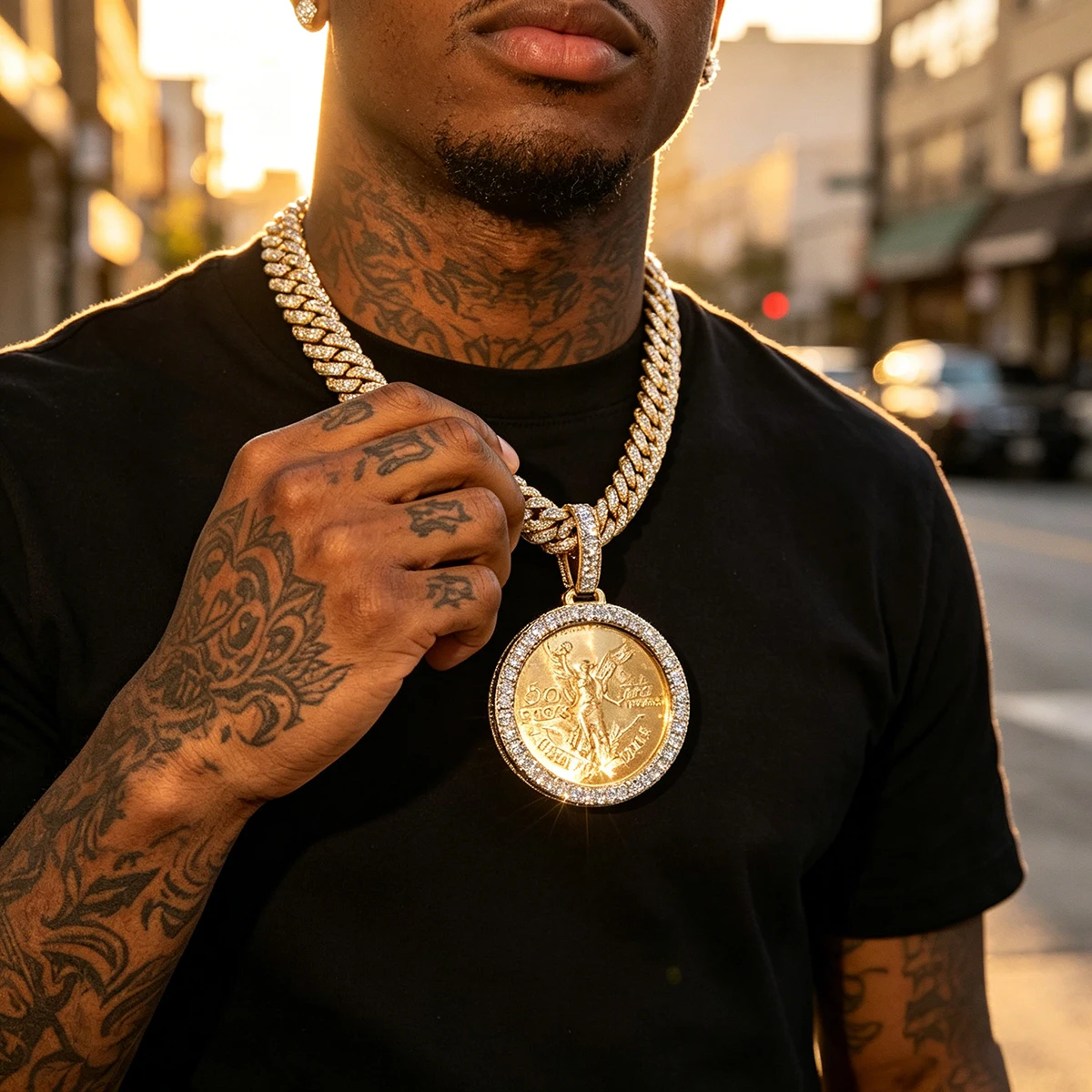 18K Gold Plated Bling Coin Charms Jewelry Fine Jewelry Gifts for Men Boy Friends Icy Cuban Link Vintage Mexican Coin Streetwear Accessory Iced Out 50 Pesos Angel Coin Pendant Hip Hop CZ Medal Charm Zircon Border Liberty Angel Medallion Necklace