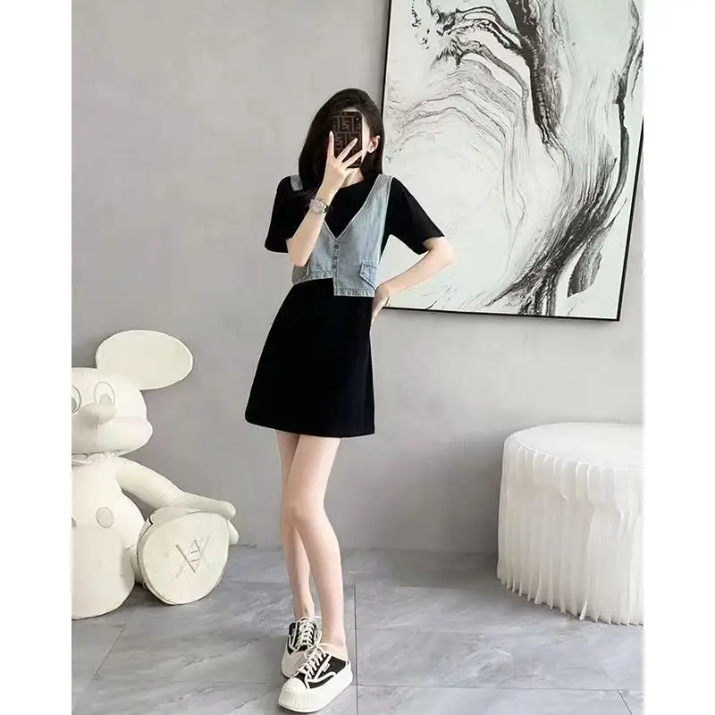 High-End-Ele Denim Patchwork Dr Damen A-Linie Sommer Abnehmen Hohe Taille Polyesterfaser Mid-Slee Hoher Kragen