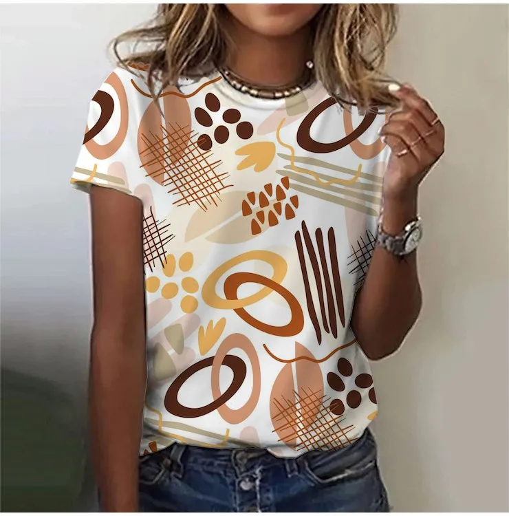 2025 casual sports women's t-shirt summer new garden collar short sleeve geometric irregular loose lightweight casual