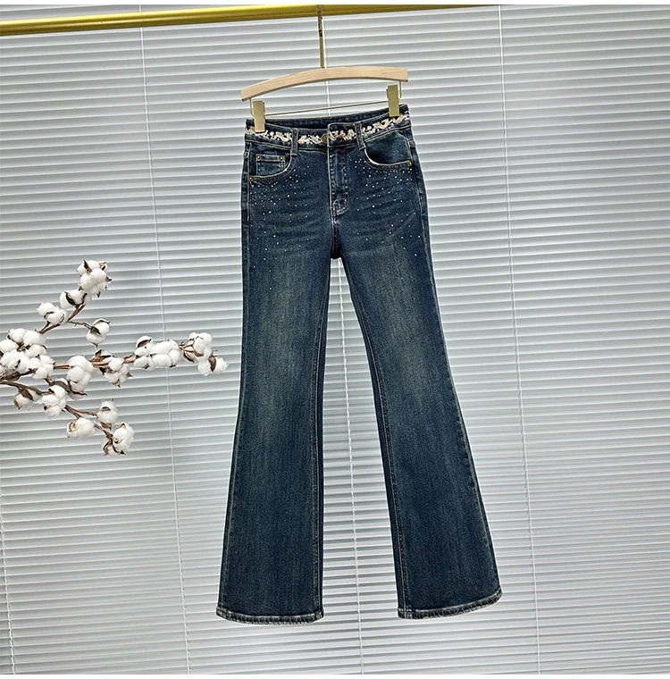 Calça jeans feminina de cintura alta, jeans de lantejoulas de diamante quente, calça azul, rua alta, outono, novo, quente, indústria pesada, 2024