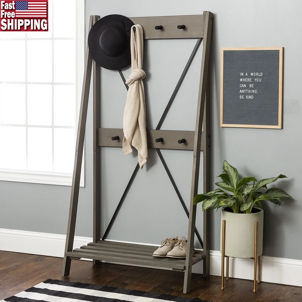 

Solid Wood Hall Tree with 8 Hooks Slat Shelf Storage Mudroom Entryway Rustic Furniture Assembly Instructions