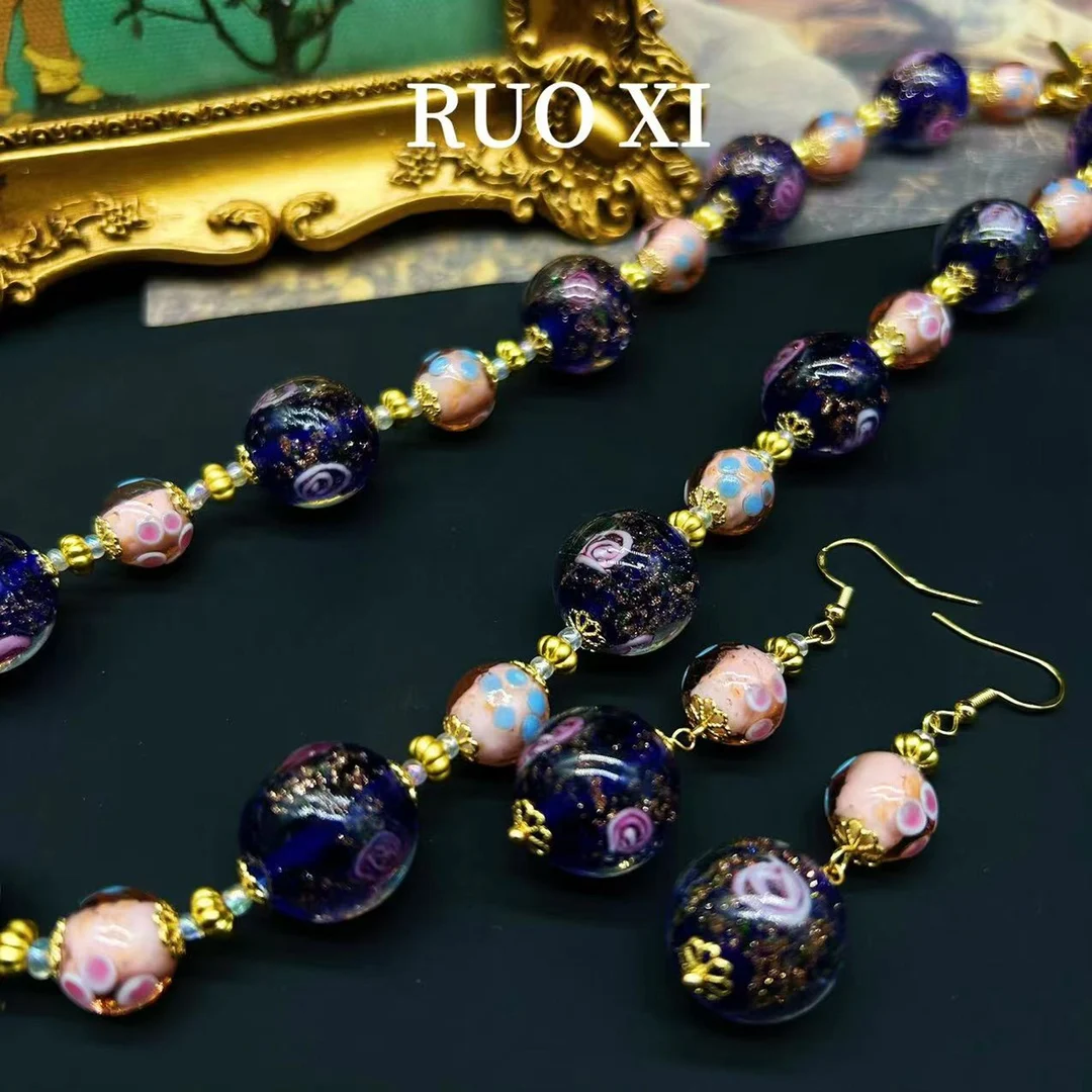 Vintage Jewelry Set for Girls Maillard Mixed Color Printed Opal Necklace Earrings Wedding Evening Dress Accessories Gift Luxury