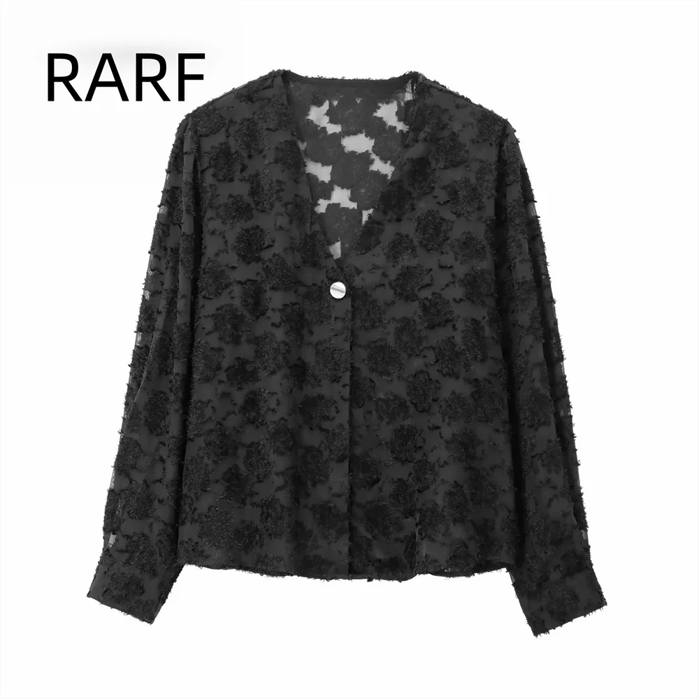 Autumn and winter new women's clothing gold button texture splicing fabric V-neck long sleeved semi transparent shirt