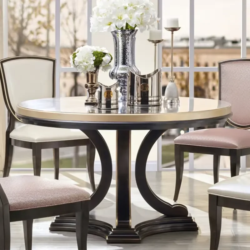 Modern Round Dining Table with Hand-Painted Marquetry Design Solid Wood for Upscale Homes & Hotels