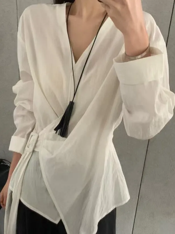 

Ele Korean Sle, женский топ с утягивающим поясом, V-Ne, шикарный топ для ранней осени, длинный свек из полиэфирного волокна