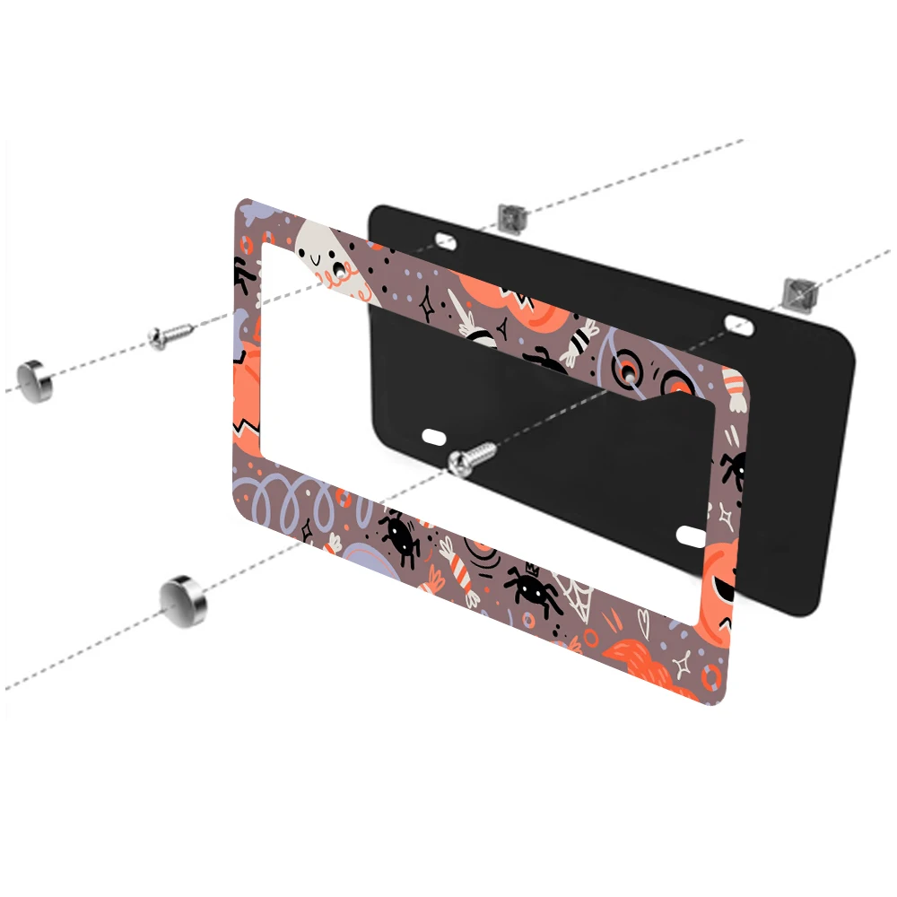 1 قطعة إطار لوحة ترخيص بفتحتين على شكل عنكبوت اليقطين للهالوين، لون بني، مادة ألومنيوم، 6 × 12 بوصة، مع شاشة