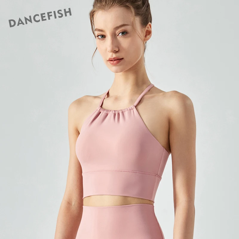 DANCEFISH Unique Gather Halter Neck Beautiful Back Outdoor Fitness Running Top Daily Sportwear Dancewear Chic Women Yoga Bra