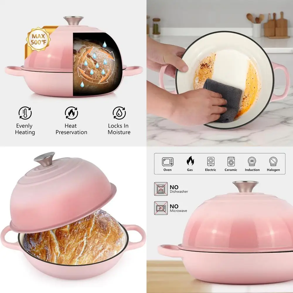 

Enameled Cast Iron Dutch Oven, 6QT, Pink, Perfect for Sourdough Bread, Roasting, Stewing, and Soups