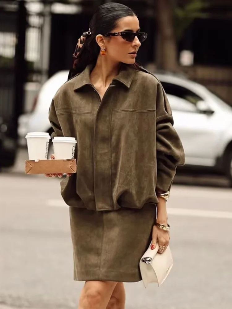 

Vintage Women Army Green Loose Skirts Suits 2025 Fashion Ladies Soft Joggers Two Piece Set for Female Outfits Chic Clothes