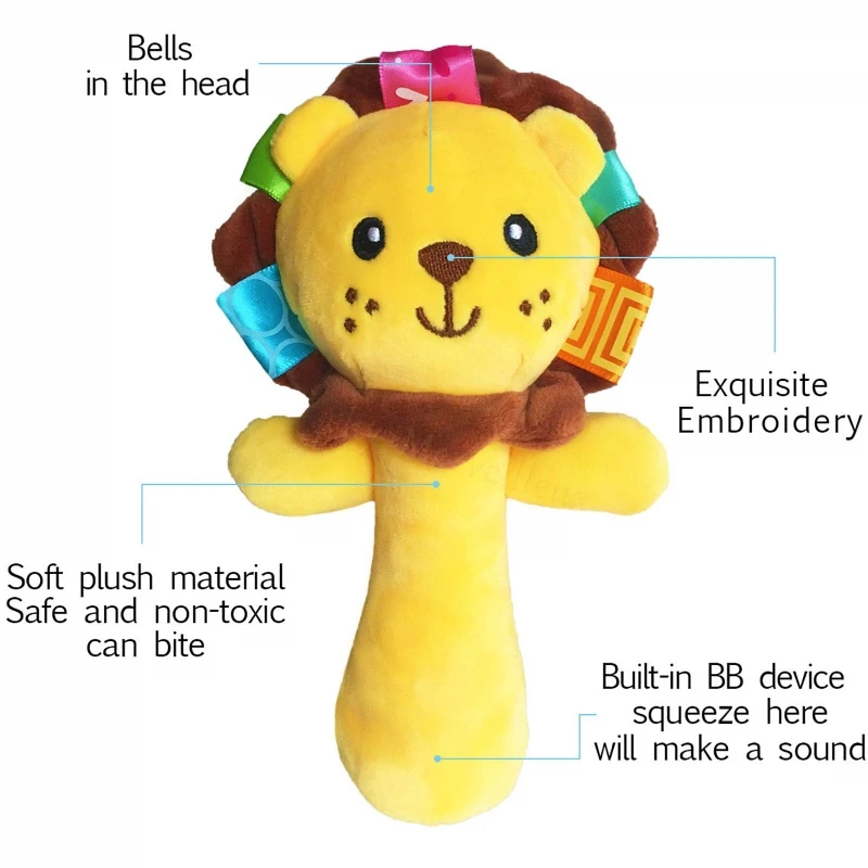 Hochet à Main en Peluche Douce pour Bébé, Bâtons Couineurs pour Tout-Petits, Animal de Dessin Animé TeWindsor, Jouets de Développement Sensoriel pour Nouveau-Né de 0 à 12 Mois