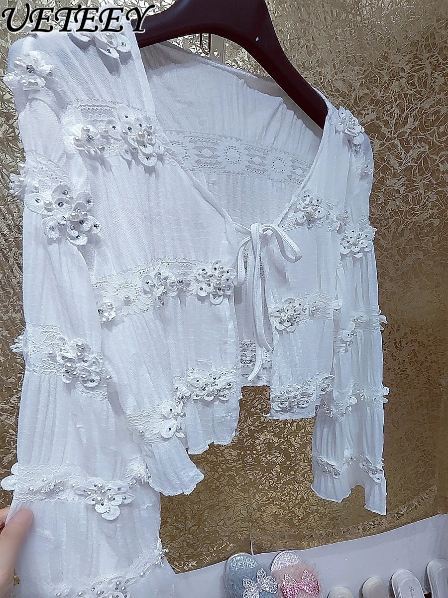 高級重工業ラインストーンフラワーシフォンバブル長袖ショールジャケットスウィートガール多用途レースアップショートコート