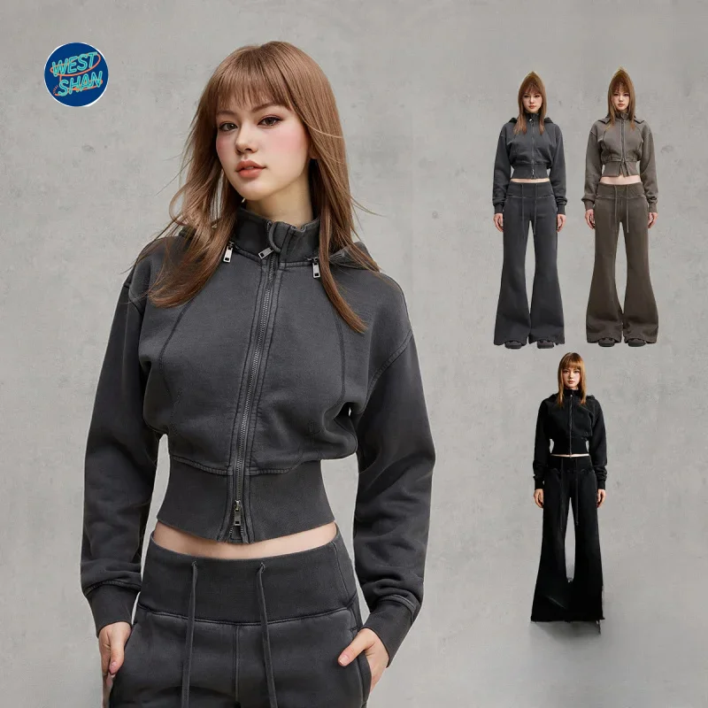 WESTSHAN Top Quality EU US Size Street Y2K Vintage Washed Hoodie Street Outdoor Slim Fit Crop Hoodie and Pants Set for Women