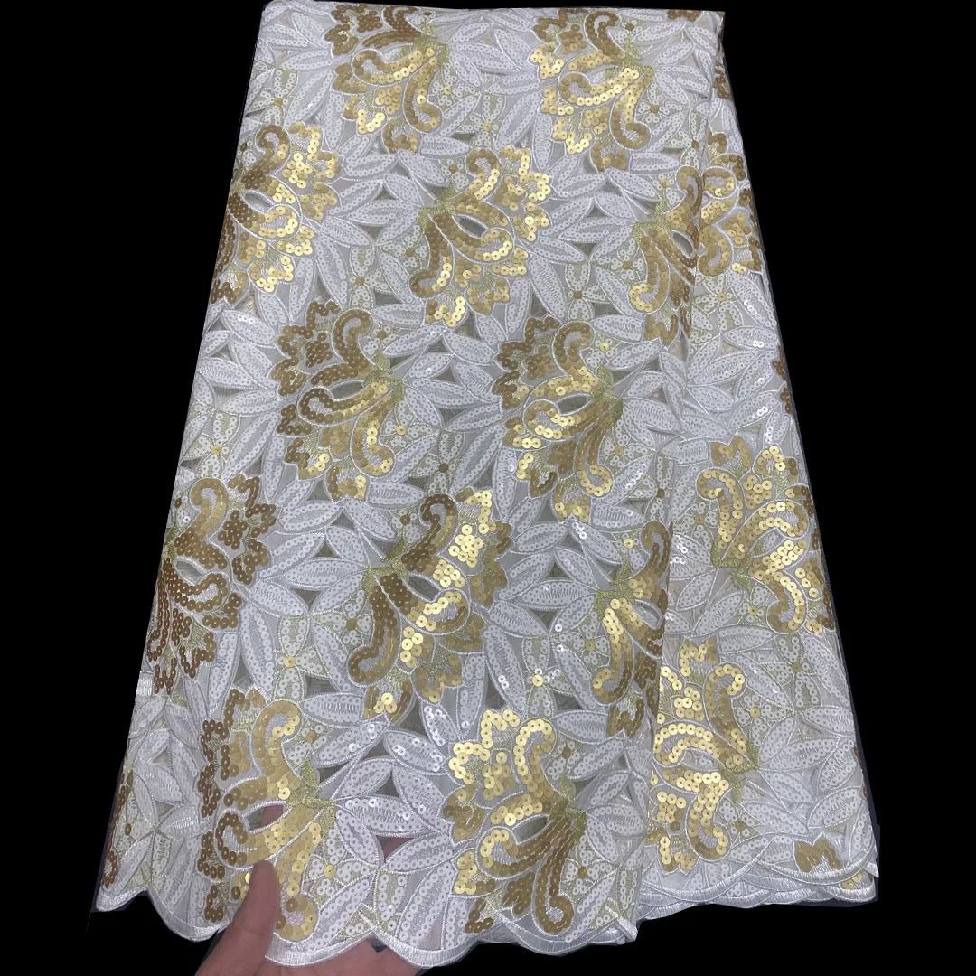 (5yards/pc) High quality white gold African hand cut organza lace fabric with gorgeous sequins embroidery for wedding  OP188