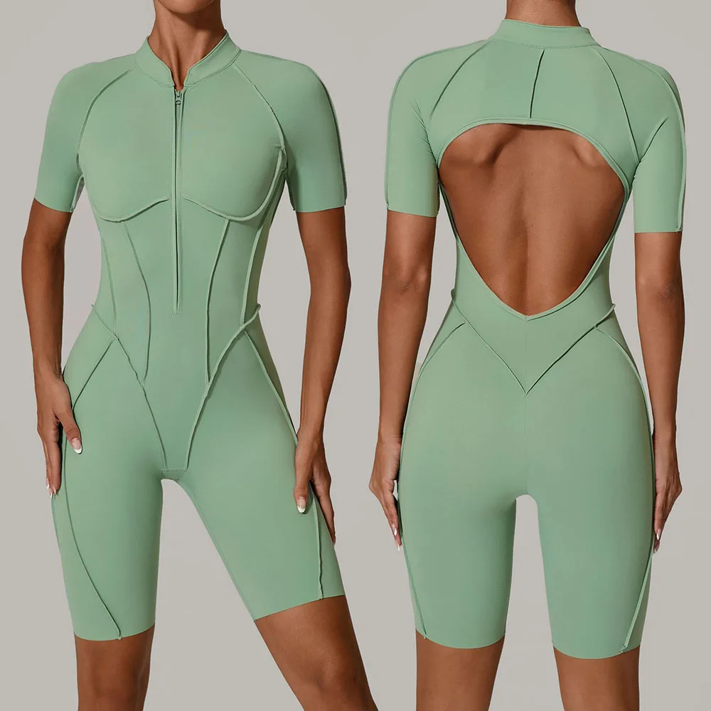 

‌Women's Summer Short Sleeve Zip Front Bodysuit Yoga Gym Dance Wear Tight Stretch Outfit Activewear Fitness Clothes