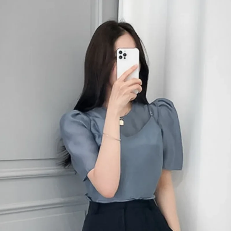 2024 Woman Shirts Blouses Suits Round Neck Blusas Puff Short Sleeve Camisas Korean Sweet Ropa Mujer Summer Tops with Bow Camis