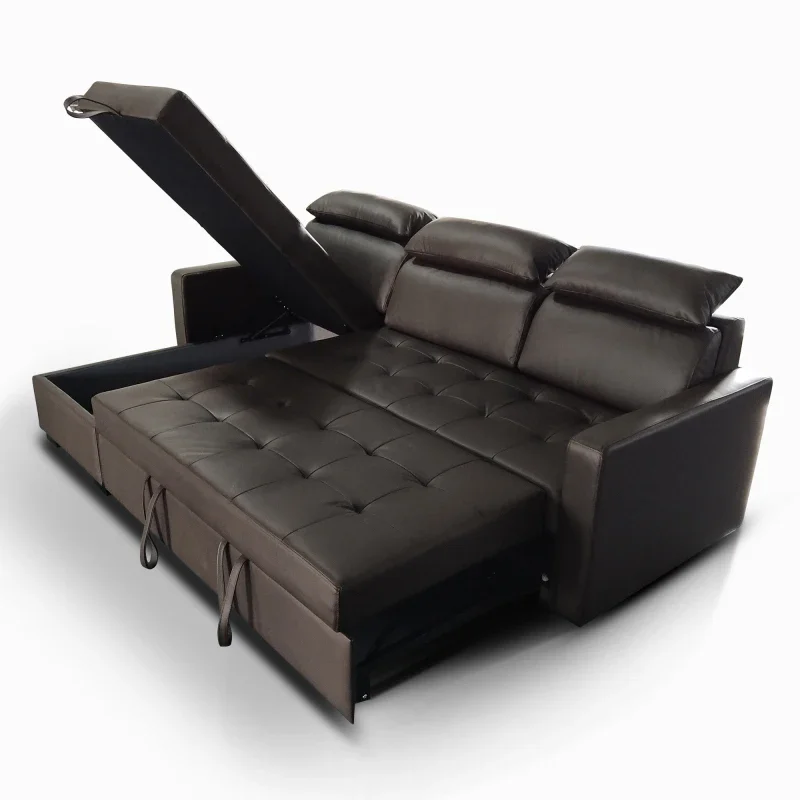 American Style Foldable Extended Sofa Set for Home Apartment Room  Saving Space Leather L Shape Sofa Bed with Storage Box
