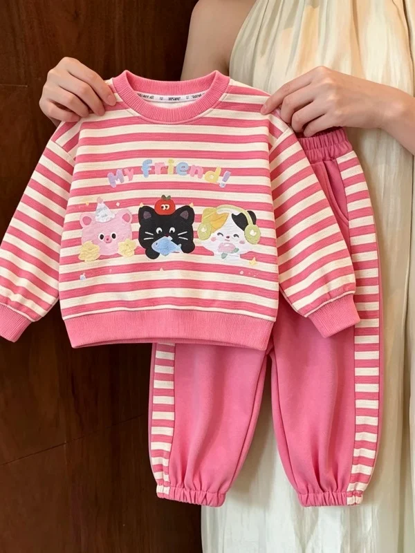 Girls' Casual Stripe Sweatshirt And Fashionable Pants Two-Piece Set Autumn Collection Comfortable Sportswear Student School U...