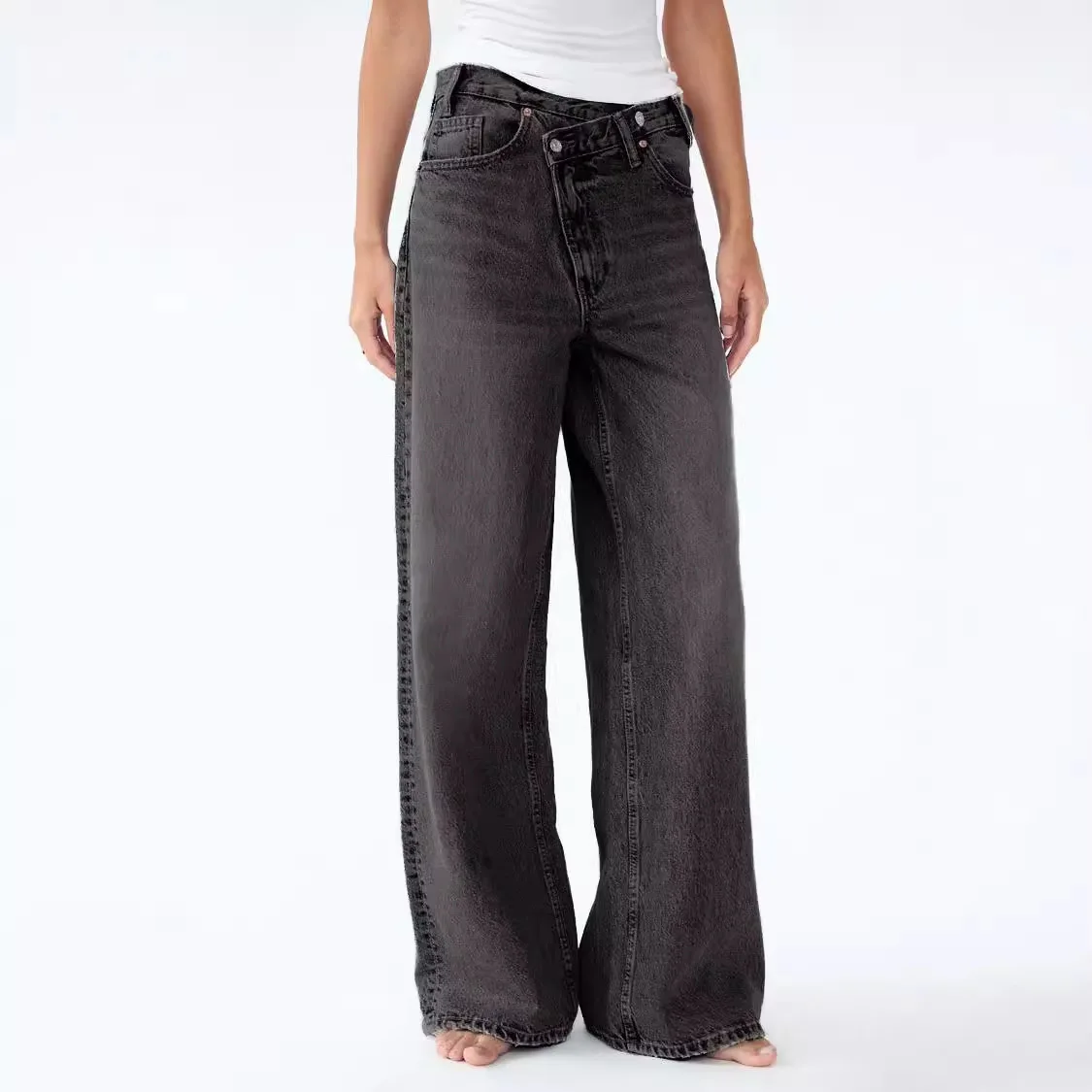 Women Floor Length Pant Jeans Denim Wide Leg Pants Straight Trousers Casual Loose Elegant Splice High Waist Autumn Winter