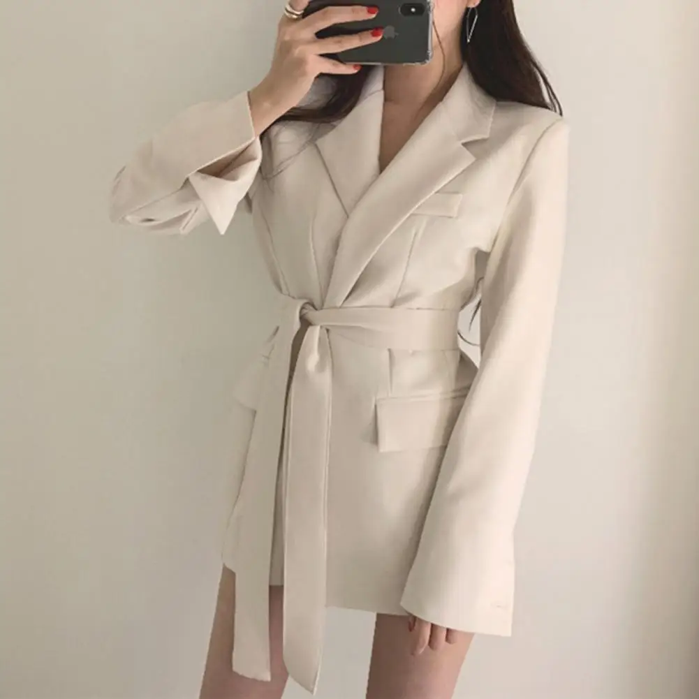 Classic Lapel Suit Coat Elegant Lace-up Lapel Suit Coat with Flap Pockets for Business Outwear Spring Autumn Solid Color