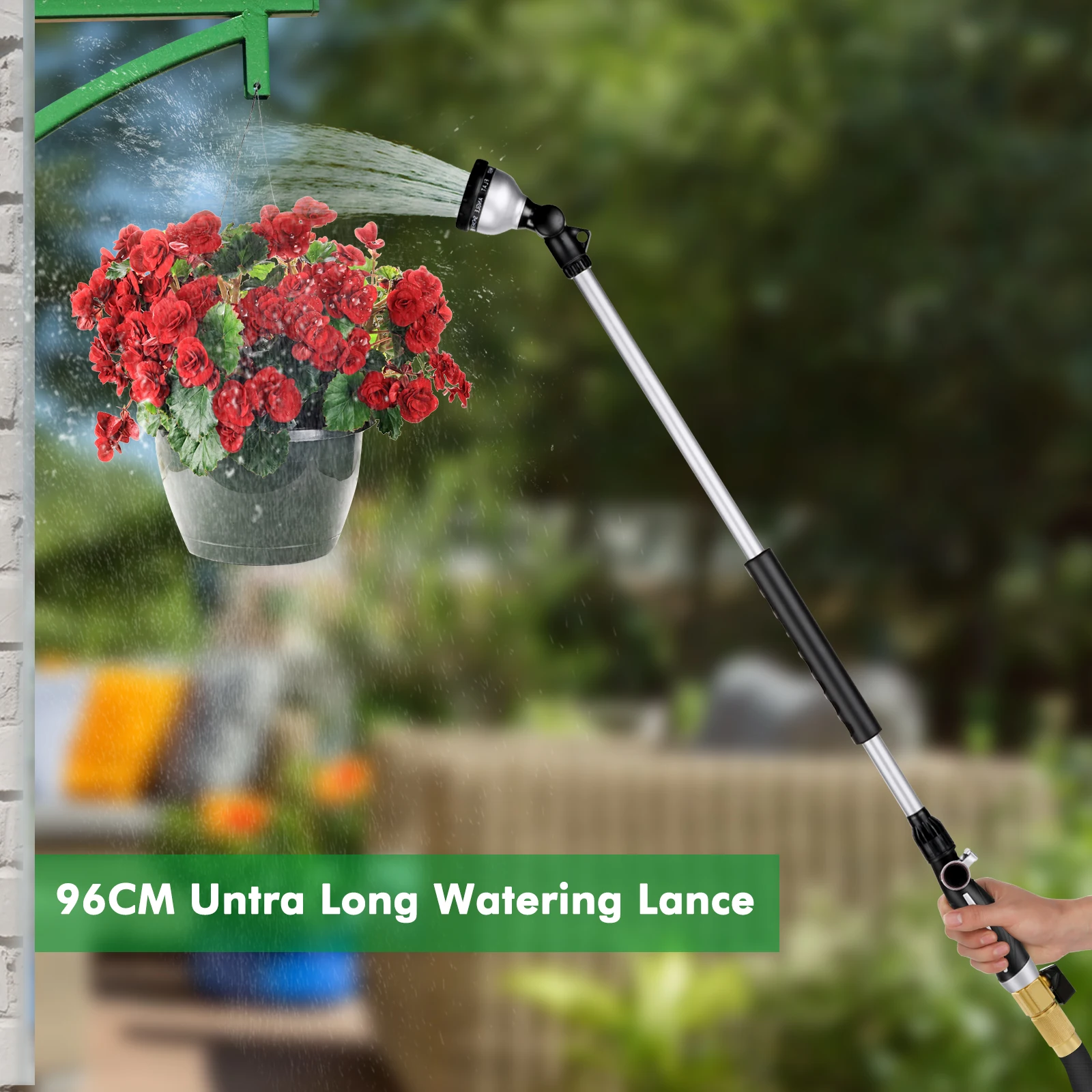 

Металлический садовый шланг с 10 распылительными узорами, сверхмощный распылитель сопла для шланга, длинный поливочный пистолет 36 дюймов для подвешивания воды, корзины для куста