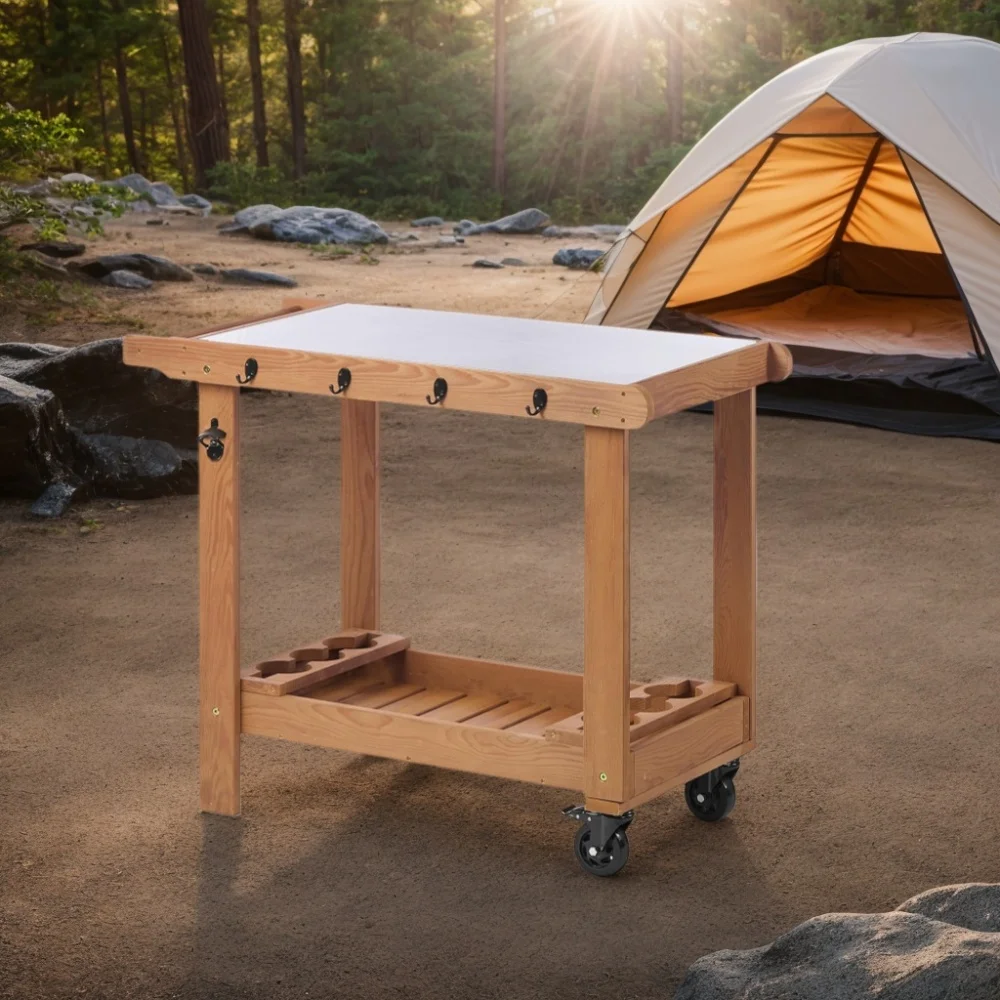 Meja Keranjang Panggangan Kayu Luar Ruangan dengan Roda Baja Tahan Karat Atas 2 Rak Meja Capming untuk Teras BBQ Halaman Belakang Taman Portabel