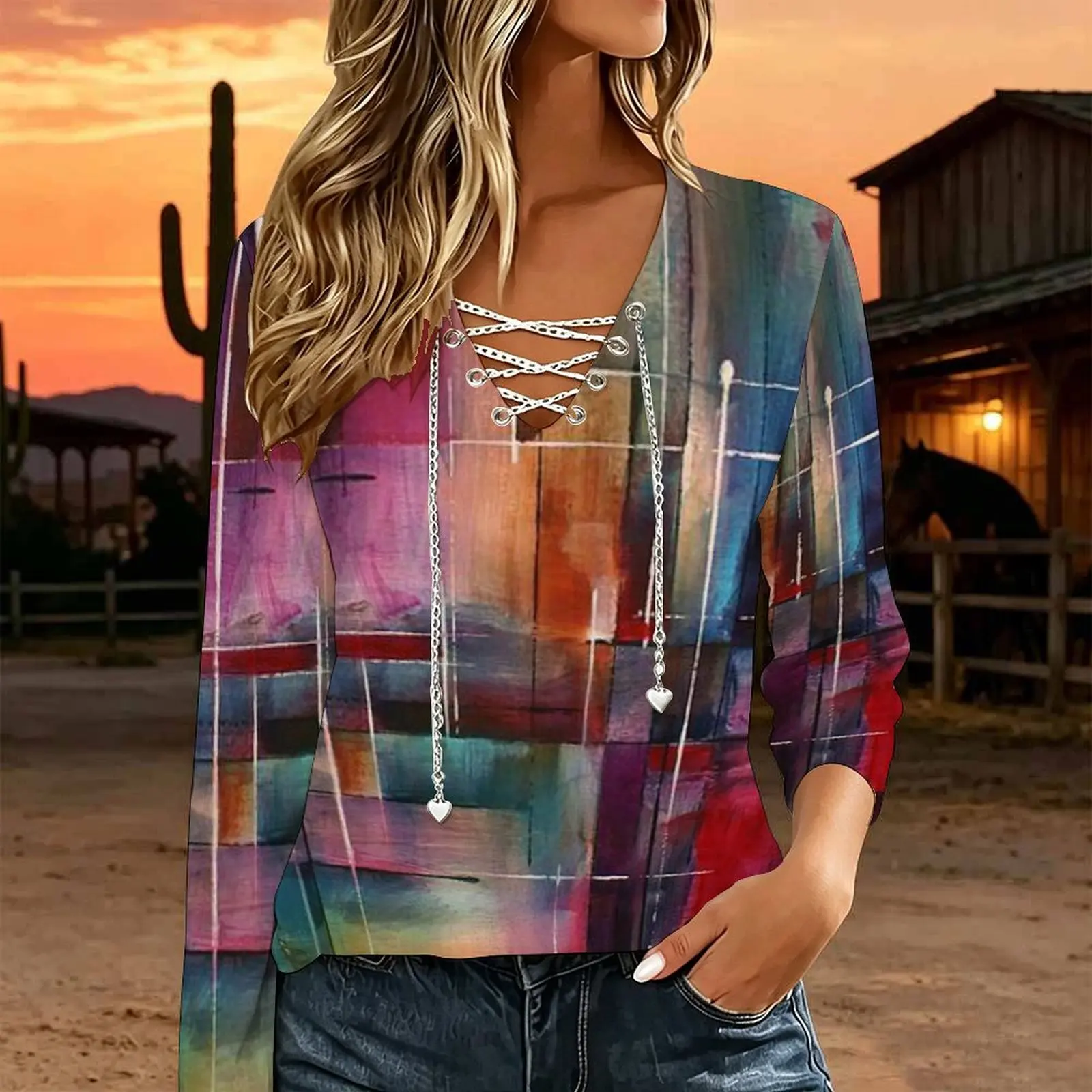 Women V Neck Long Sleeve Top Metal Chain Criss Cross Lace Up Cutout Loose Casual Blouse Custom Print Ladies Western Style Tee - view 4