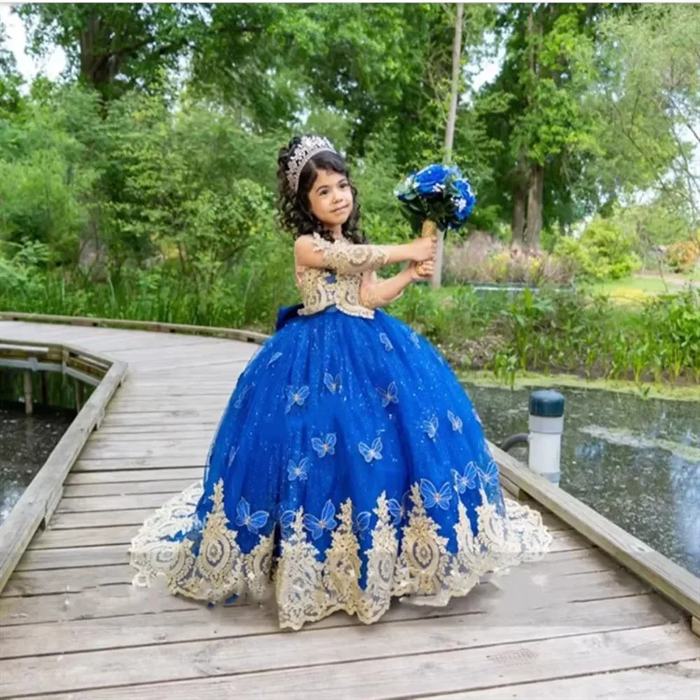 

Luxury Flower Girl Wedding Dress Fluffy Appliques Lace Butterflies Bow Little Girls Birthday Party Princess Ball Gown Customized