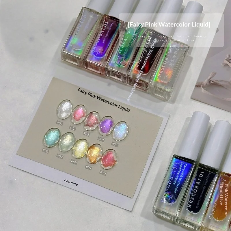 2026 New 10 Color Set Fairy Powder Watercolor Liquid Painting Gradient Aurora Nail Polish Bead Staining Liquid 6ml Nail Shop
