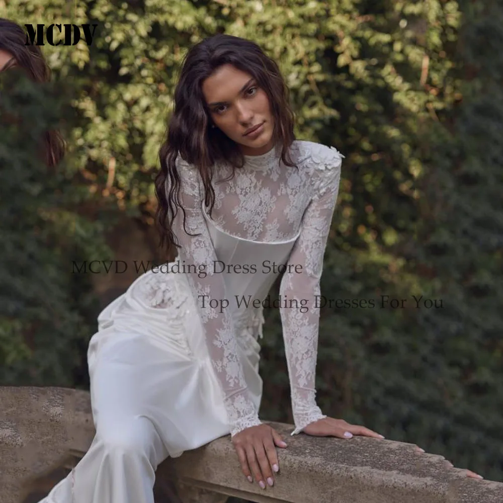 

MCDV Luxury Wedding Dresses White Mermaid Satin Bridal Gowns High Split Bride Dresses Long Sleeve Wedding Party Gowns Customized