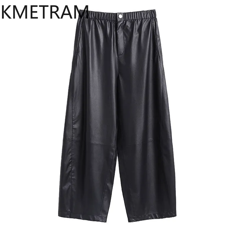 KMETRAM Top Layer Ultra-Thin Matte Sheepskin Genuine Leather Pants Woman Cropped Trousers Sickle Wide Leg Pantalones Baggy 슬랙스