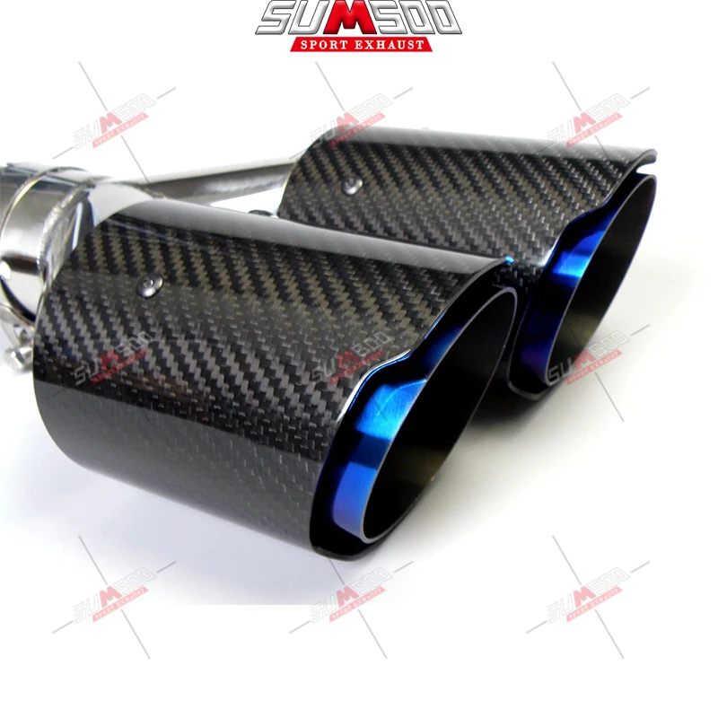 1PCS Dual Carbon Fiber + Stainless Steel Burnt Blue Universal Auto Car Exhaust Tip Double End Pipe for BMW BENZ VW Golf Audi